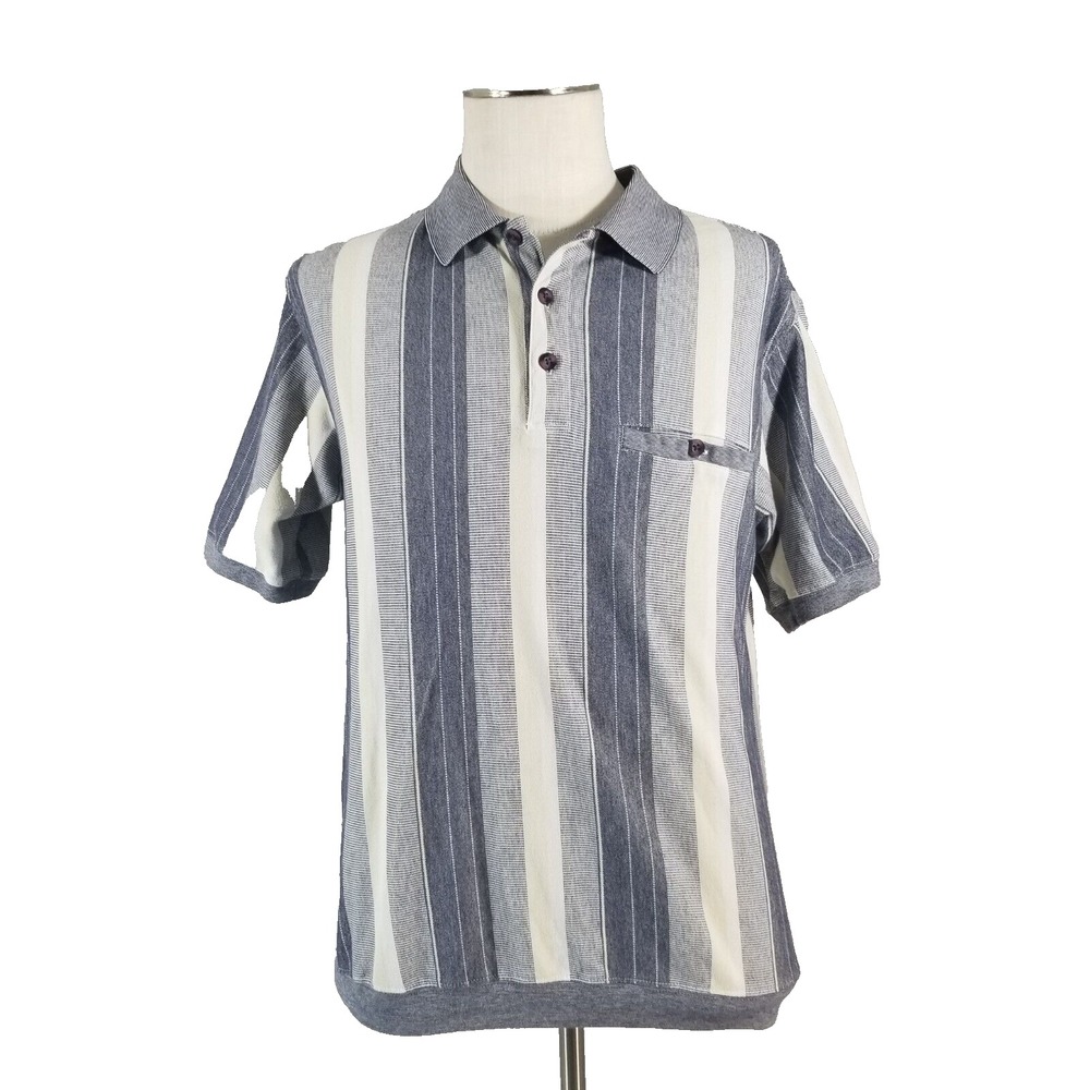 David Taylor Polo Shirt Men Large Blue Striped Banded Bottom Retro Casual Pocket